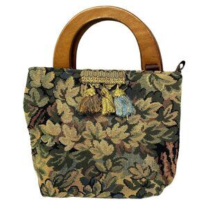 Vintage Tapestry Handbag Retro Floral Wood Handles Old World Victorian Look